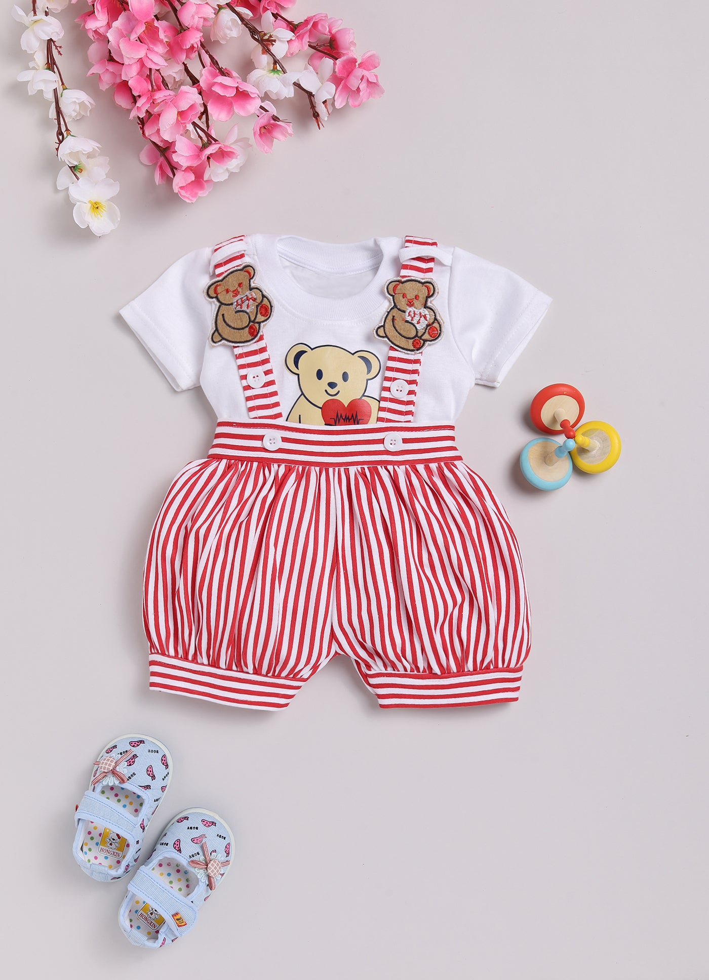 Baby Cotton Dungaree Set with Striped Half-Sleeve T-Shirt