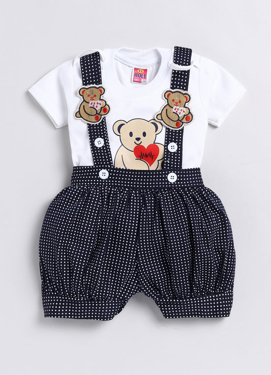 Baby Cotton Dungaree Set with Striped Half-Sleeve T-Shirt