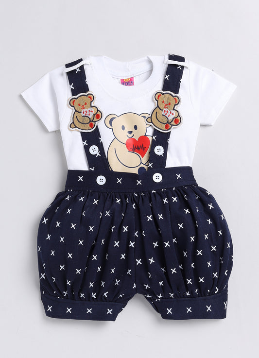 Baby Cotton Dungaree Set with Striped Half-Sleeve T-Shirt