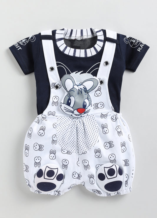 Baby Cotton Dungaree Set with Striped Half-Sleeve T-Shirt