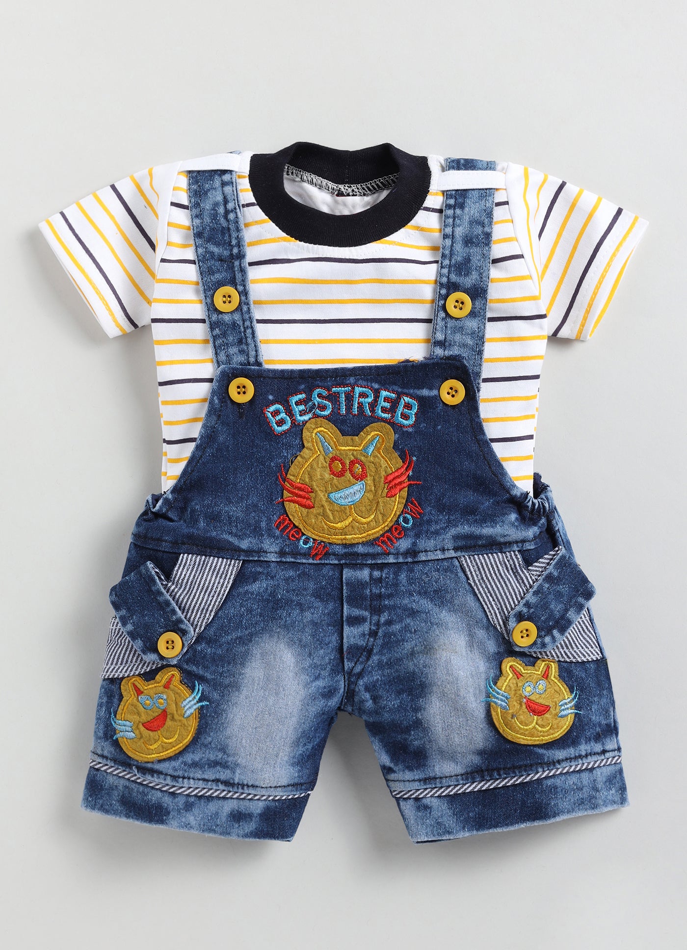 Baby Cotton Dungaree Set with Striped Half-Sleeve T-Shirt