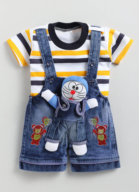 Baby Cotton Dungaree Set with Striped Half-Sleeve T-Shirt