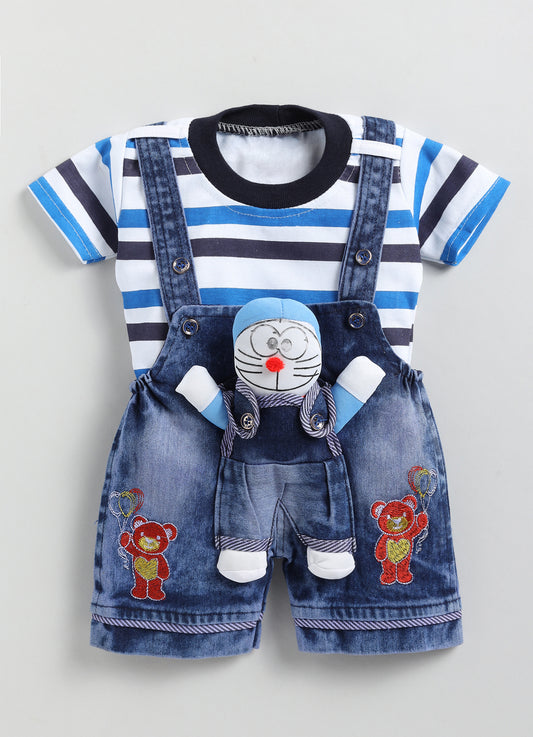 Baby Cotton Dungaree Set with Striped Half-Sleeve T-Shirt