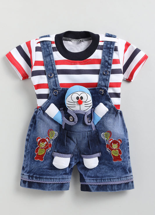 Baby Cotton Dungaree Set with Striped Half-Sleeve T-Shirt