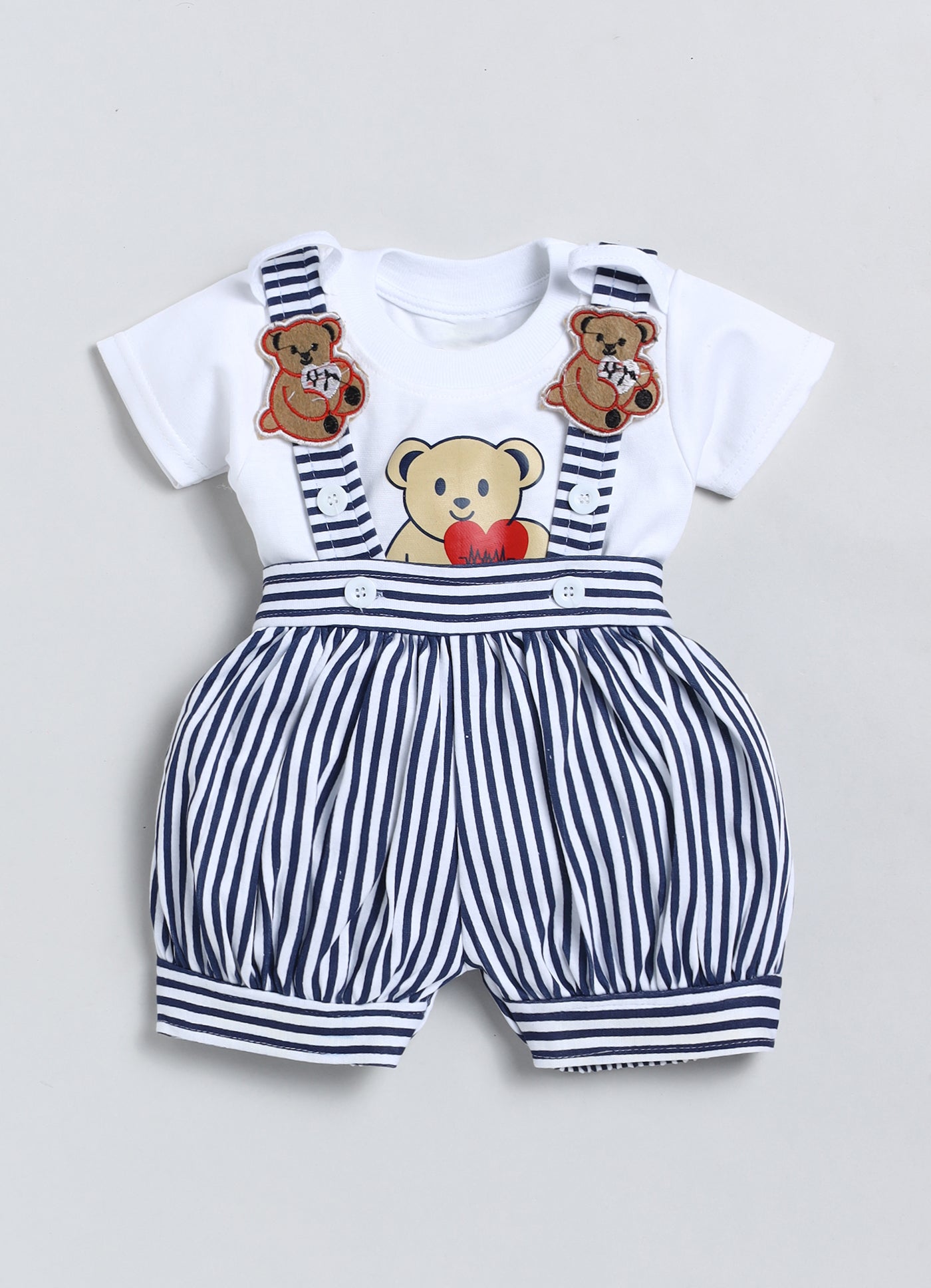 Baby Cotton Dungaree Set with Striped Half-Sleeve T-Shirt