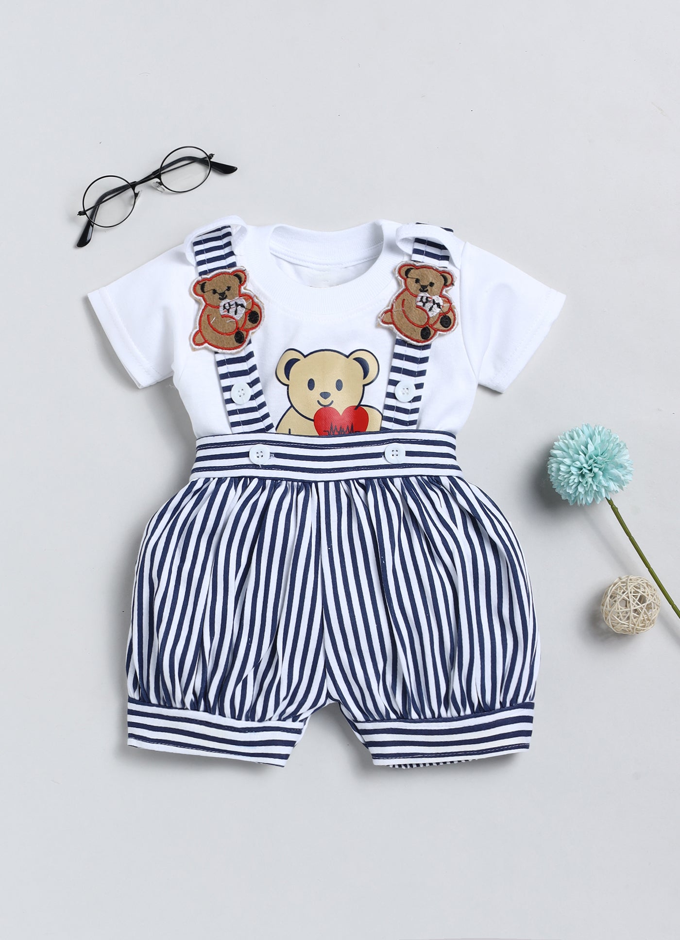 Baby Cotton Dungaree Set with Striped Half-Sleeve T-Shirt