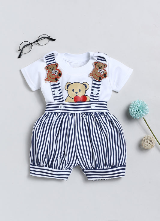 Baby Cotton Dungaree Set with Striped Half-Sleeve T-Shirt