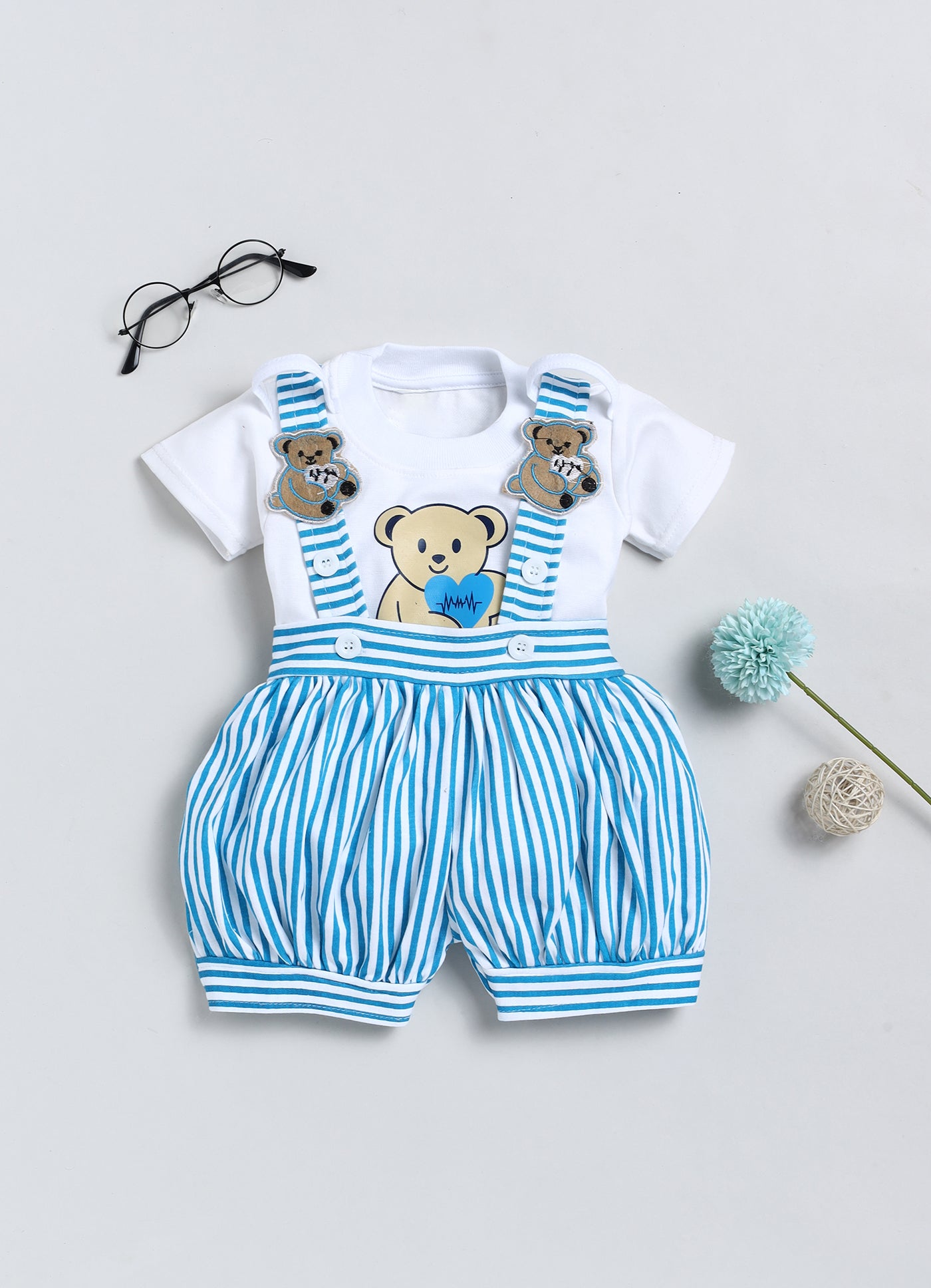 Baby Cotton Dungaree Set with Striped Half-Sleeve T-Shirt